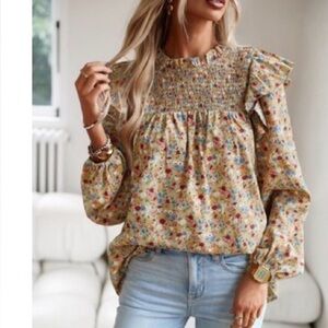 Elegant Floral Smocked Blouse